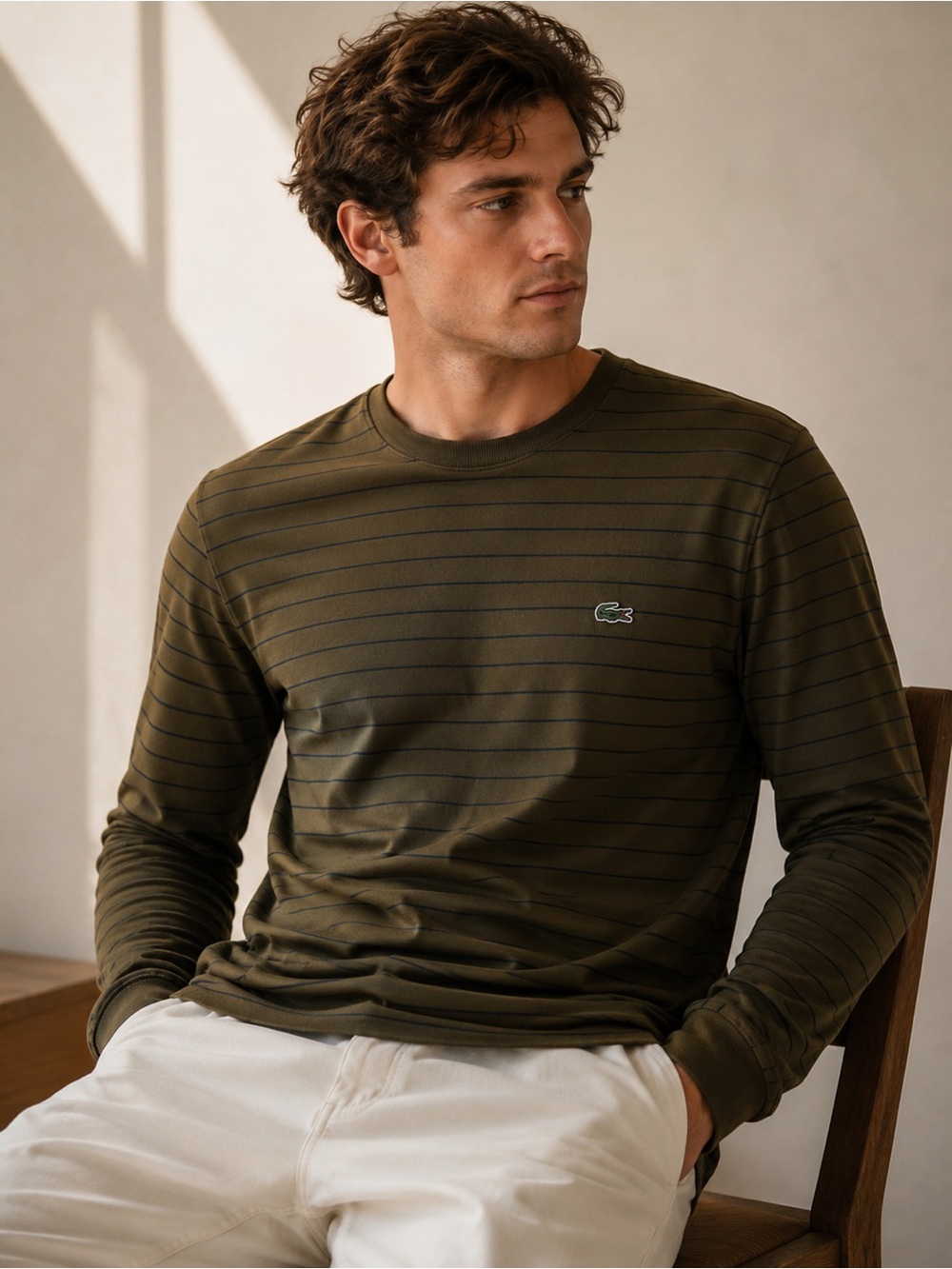 Lacoste Slim Fit Long Sleeve Striped T-Shirt Olive Green Brown 100% Cotton